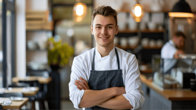 Gastrounternehmer, der E-Rechnungen mit eBill Service verarbeitet